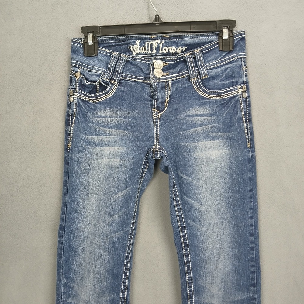 WallFlower Bootcut Jeans Womens 0 Dark Blue Denim Stretch Whiskered Low Rise - Picture 3 of 13